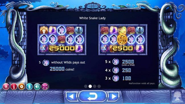 5 White Snake Lady symbols without wild pays out 25000 coins!