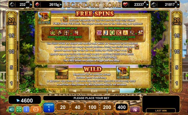 Free Spins Rules - 3 or more scatter symbols triggers free spins feature, player selects 1 of 2 features to play. Wild substututes for all symbols except for scatter. Doubles when substituting.
