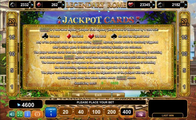 Jackpot Cards Mystery Bonus - Any of the jackpot levels can be won during the bonus feature which is randomly triggered.