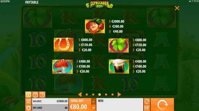 High value slot game symbols paytable featuring leprechaun inspired icons.