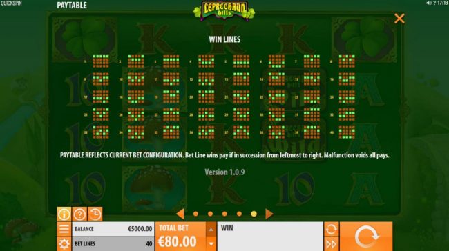 Payline Diagrams 1-40. Bet line wins pay if in succession from leftmost to right.