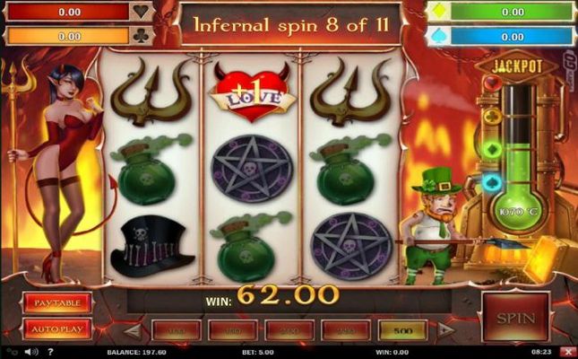 Earn 1 extra free spin for every love symbol that appears on the reels during the Infernal Bonus game.