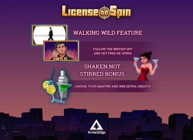 Game features include: Walking Wild Feature and Shaken Not Stirred Bonus.