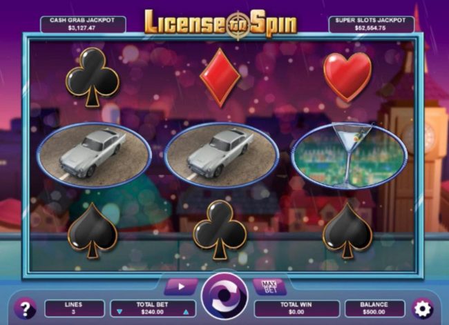 A spy thriller themed main game board featuring three reels and 3 paylines with a progressive jackpot max payout