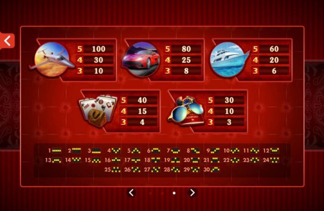 Low value game symbols paytable and payline diagrams 1 to 30.