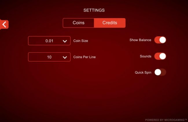 Click on the side menu button to adjust the Coins per Line or Coin Size.