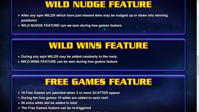 Wild Nudge, Wild Wins and Free Games Feature Rules