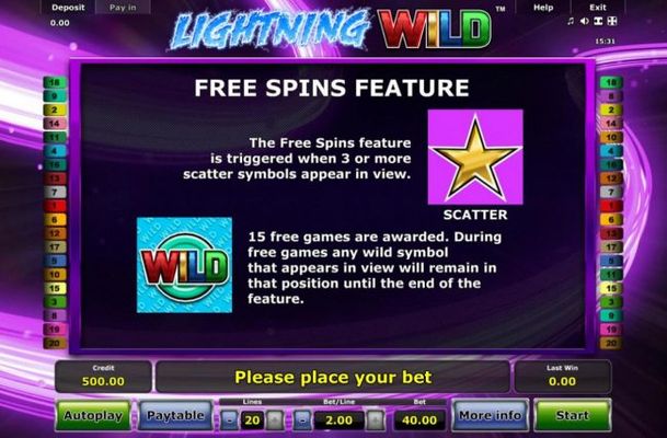 Free Spins Feature - The Free Spins feature is triggered when 3 or more scatter symbols appear in view. Wild are locked during the free spins feature.