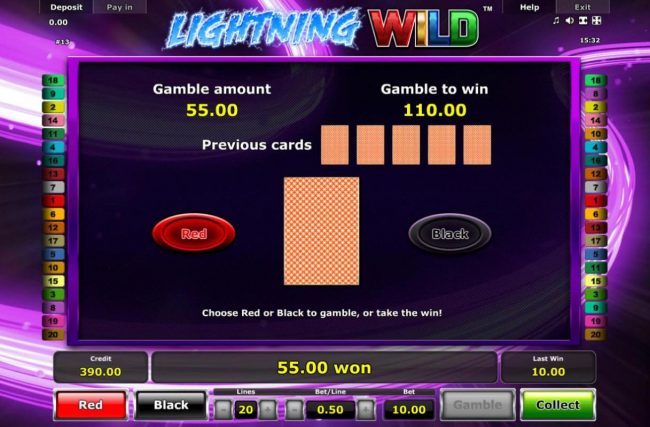 Gamble Feature - To gamble any win press Gamble then select Red or Black.