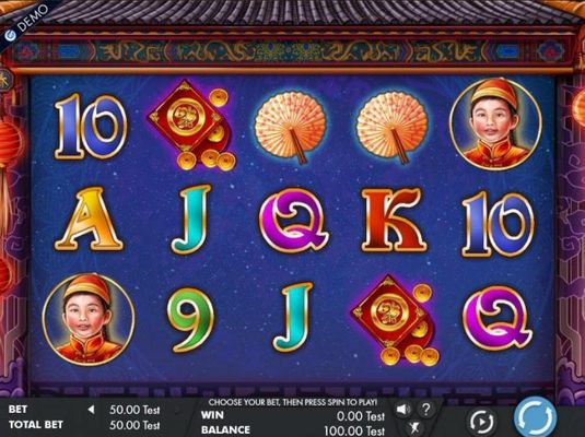 A Chinese festival themed main game board featuring five reels and 243 winnng combinations with a $50,000 max payout