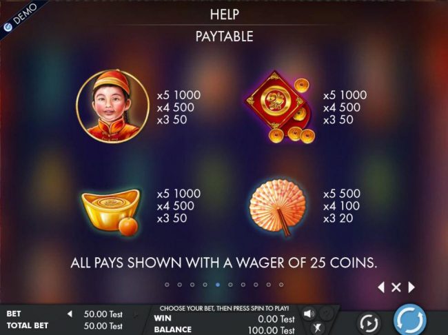 High value slot game symbols paytable featuring Asian inspired icons.