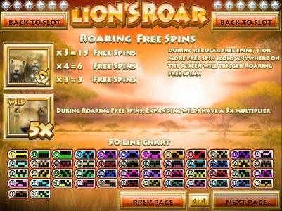 Roaring Free Spins Paytable and Payline Diagrams 1-50
