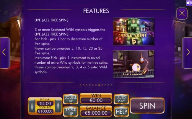 3 or more scattered wild symbols triggers the Live Jazz Free Spins.