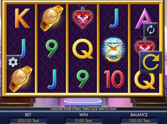 A jewelry themed main game board featuring five reels and 25 paylines with a $40,000 max payout