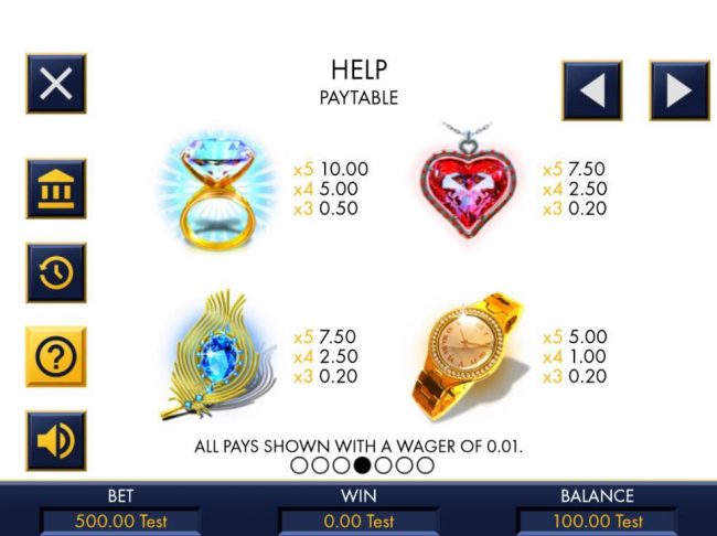 High value slot game symbols paytable featurng high end jewelry inspired icons.