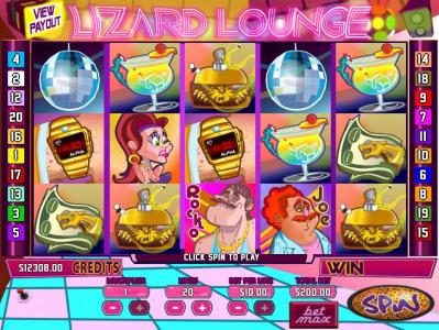 Main game board featuring five reels and 20 paylines with a Jackpot max payout