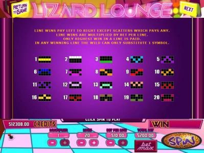 Payline Diagrams 1-20 Line wins pay left to right except scatters which pays any.