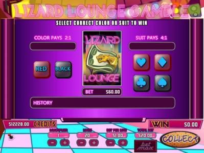 Gamble feature is available after each winning spin. Select color or suit to play.