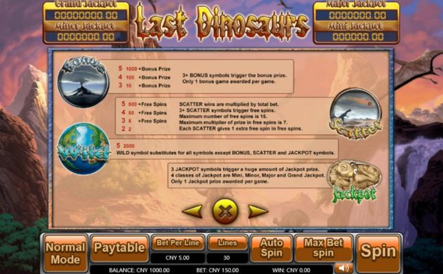 Last Dinosaurs :: Bonus, Jackpot, Scatter and Wild Rules