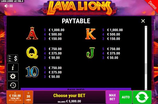 Lava Lions :: Paytable - Low Value Symbols