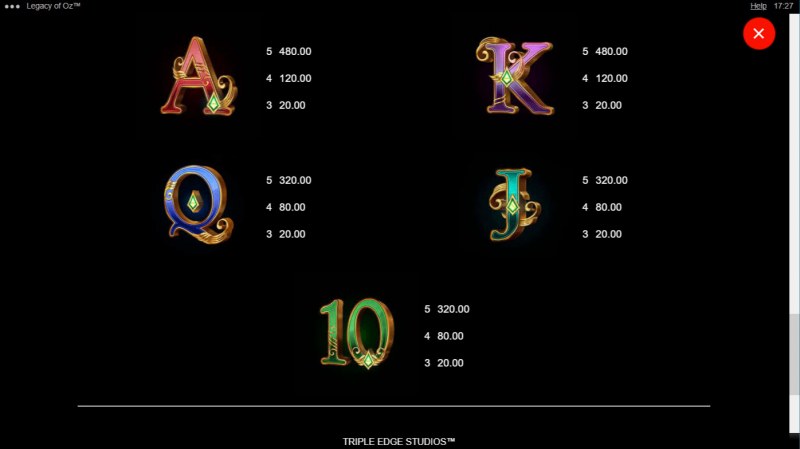 Legacy of Oz :: Paytable - Low Value Symbols