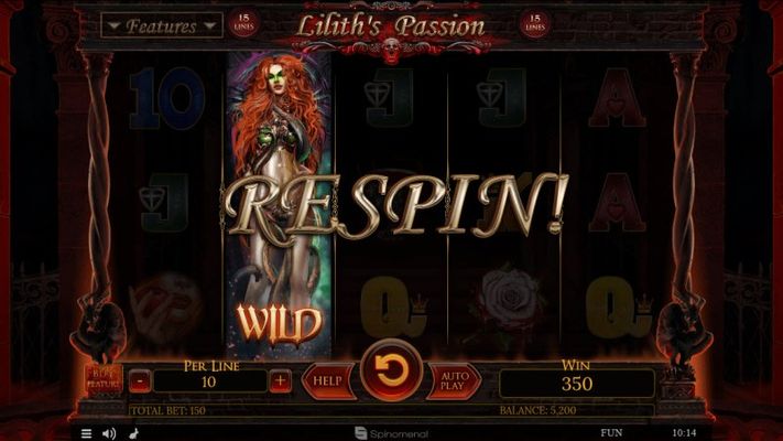 Lilith's Passion 15 Lines :: Stacked wild symbols triggers the respin feature