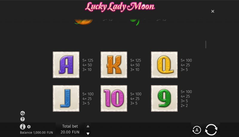 Lucky Lady Moon :: Paytable - Low Value Symbols