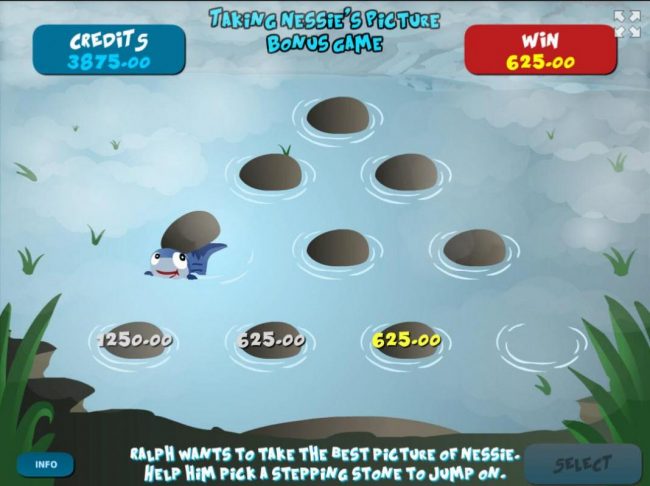 Select stepping stones to reveal prize awards. Game play ends when a fish is revealed.