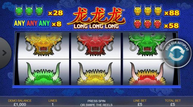 A Chinese dragon themed main game board featuring three reels and 1 payline with a $440 max payout
