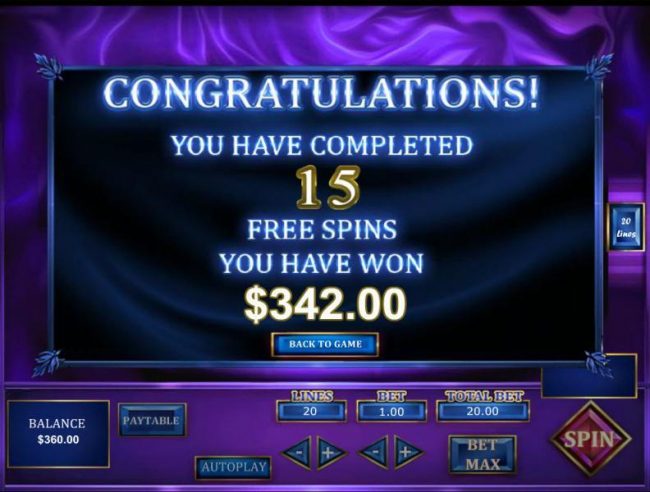 After playing 15 free spins, total payout is 342.00.