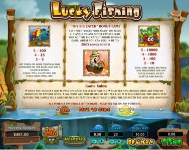 scatter, big catch bonus game and wild paytable with game rules