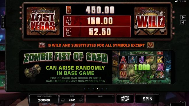 Wild Symbol Paytable - Zombie Fist of Cash can arise randomly in base game.