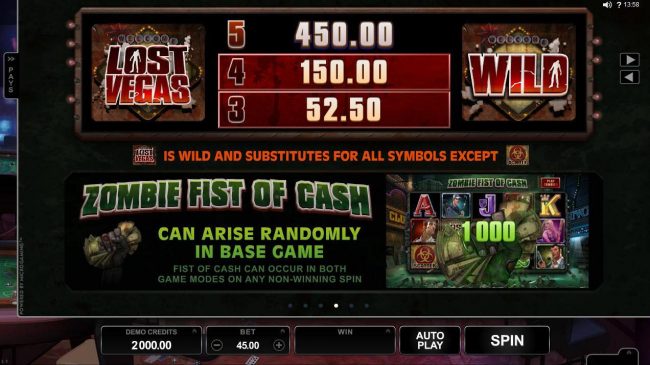 Wild Symbol Paytable - Zombie Fist of Cash can arise randomly in base game.