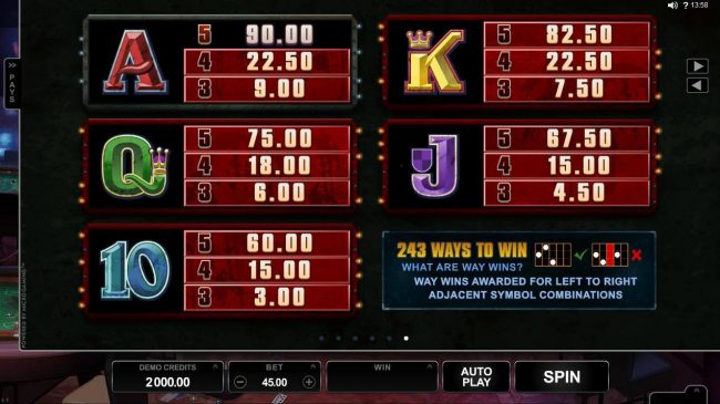 Low value slot game symbols paytable.