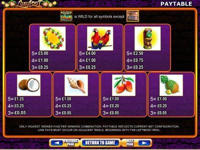 Slot Game Symbols Paytable continued - Only highest winner paid per winning combination. Paytable reflects current bet configuration. Line pays must occur on adjacent reels, beginning with the leftmost reel.