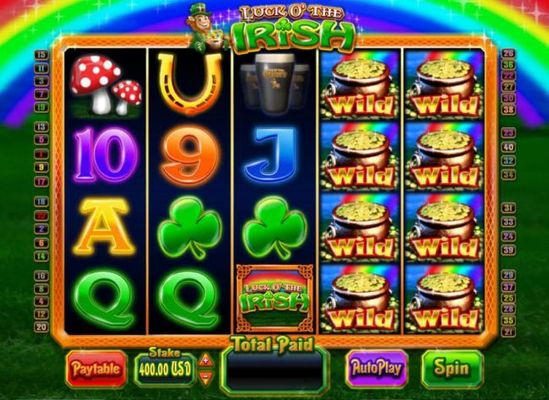 A leprechaun themed main game board featuring five reels and 5 paylines with a $5,000 max payout
