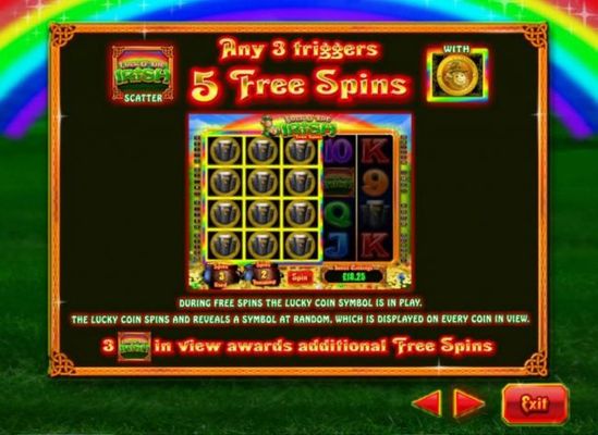 Any 3 scatter symbols triggers 5 free spins.