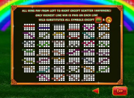 Payline Diagrams 1-40. All wins pay from left to right except scatter (anywhere). Only highest line win is paid on each line.