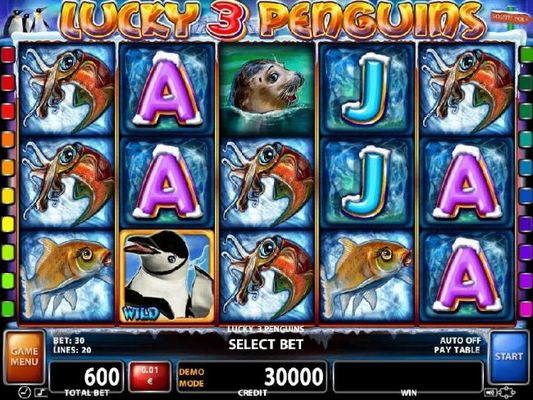 An Artic adventure themed main game board featuring five reels and 20 paylines with a $30,000 max payout