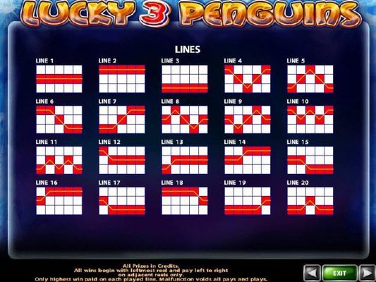 Payline Diagrams 1-20. All wins begin with the leftmost reel and pay left to right on adjacent reels only. Only highest win paid on each played line.