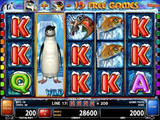 Expanded penguin wild on reel 2 triggers multiple wiing combinations leading to a 2000 credit win.