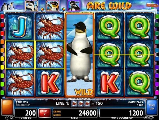 Stacked penguin wild symbol on 3rd reel awards a 1200 coin jackpot.