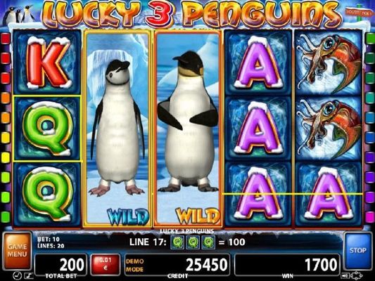 Landing penguin wilds on reels 2 and 3 together initiates the Free Games bonus feature.