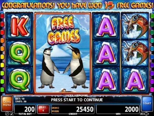 Free Games feature activated and awards 15 free spins.