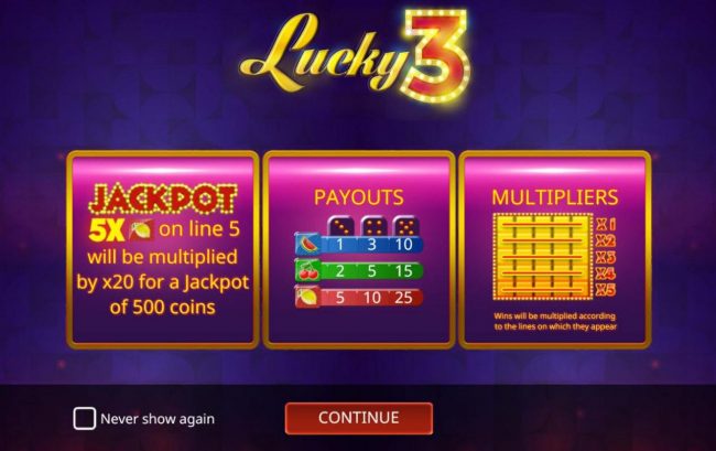 Game features include: Jackpot, 3 Symbols and Multipliers.