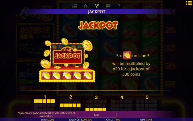 5x lemon symbols on line 5 will be multiplied by x20 for a jackpot of 500 coins!