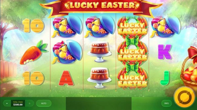 An Easter holiday themed main game board featuring five reels and 20 paylines with a $20,000 max payout.