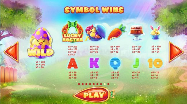 Slot game symbols paytable.