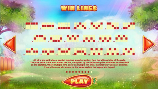 Payline Diagrams 1-20. All wins are paid when a symbol matches a payline pattern from the leftmost side of the reels.