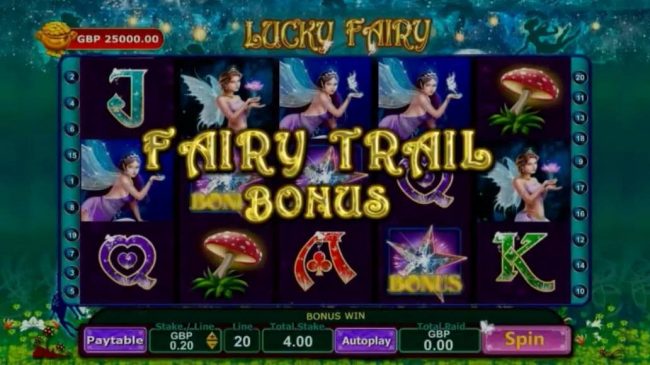 Landing three star bonus symbols anywhere on the reels activates the Fairy Trail Bonus feature.